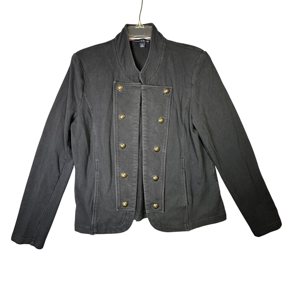 Tommy Hilfiger Military Knit Blazer Gold Crest Button Navy Blue Large L Academia